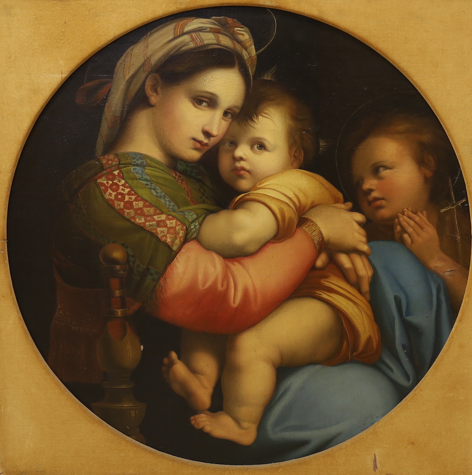 After Raphael (Italian, 1483-1520), oil on canvas, Madonna della Seggiola, applied plaque to the frame After Raphael by Ferd Rondoni, tondo, 69 x 69cm